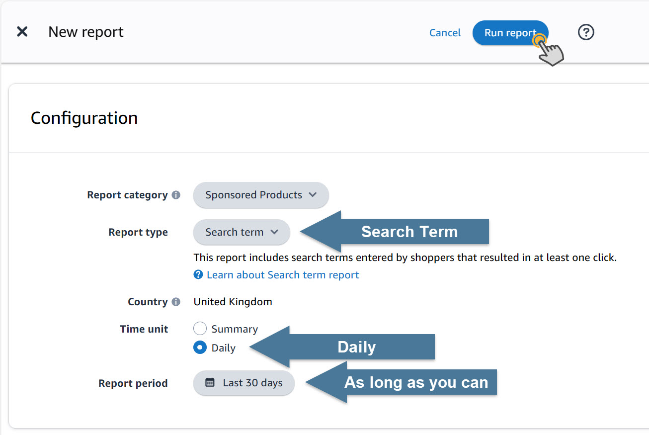 Amazon Seller Central: Create a Sponsored Products Search Term Report with Daily time unit